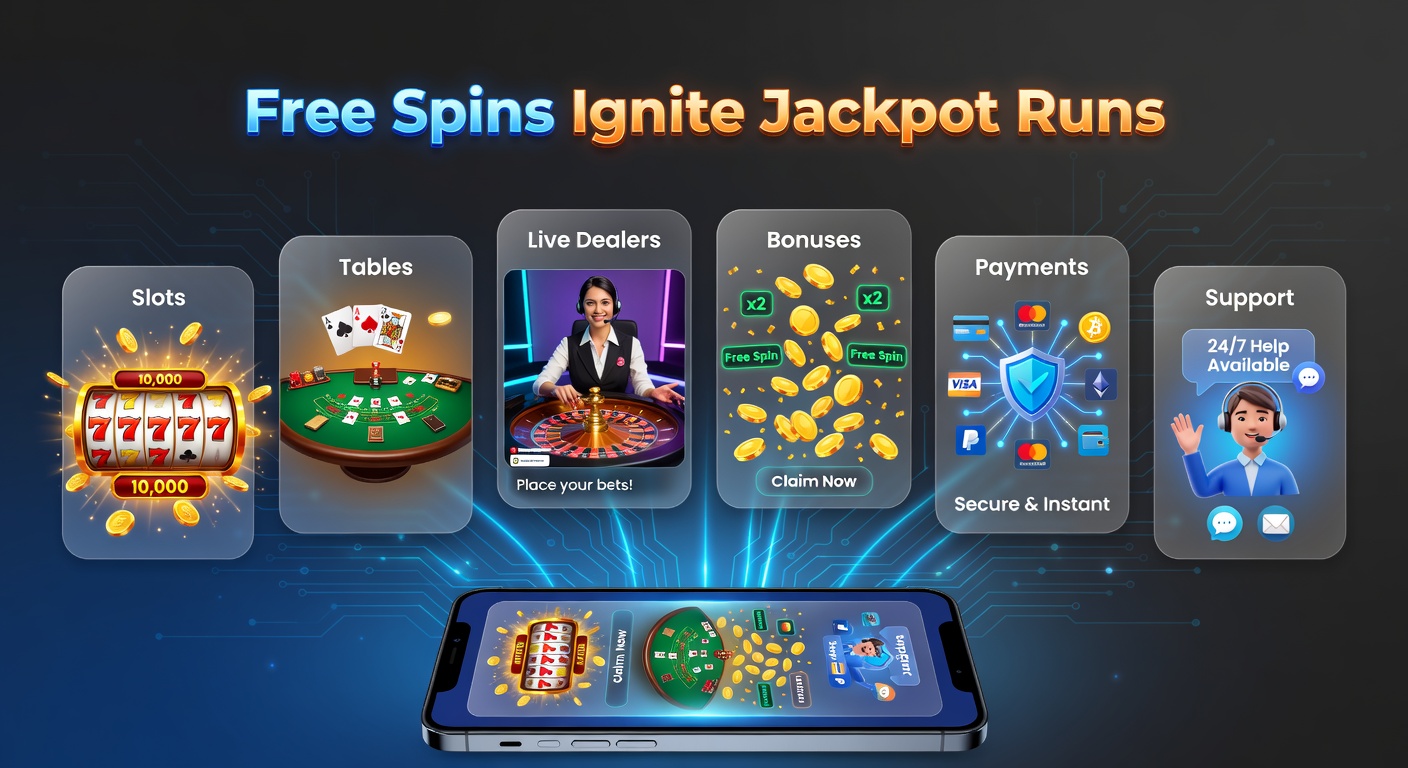 Smartphone zeigt bunte Slot-Maschine mit Free-Spins-Symbolen und explodierendem Jackpot, umgeben von Live-Dealer-Tischen im Hintergrund