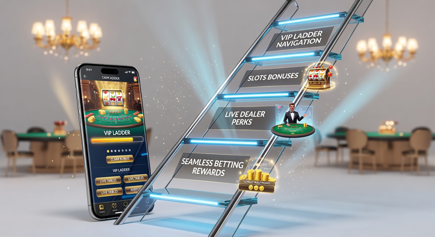 Smartphone mit VIP-Ladder-Grafik in einem Mobile Casino, das Slot-Symbole und Live-Dealer-Tische zeigt